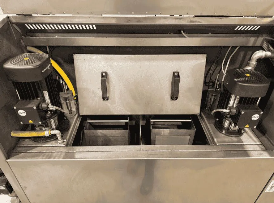 Open KSN Drum Washer Model 250 WRD with energy-efficient Grundfos pumps for industrial parts cleaning.